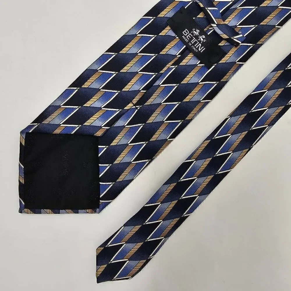 BETTINI ITALY SILK TIE BLUE TAN DIAMOND PATTERN SMOOTH 3.75